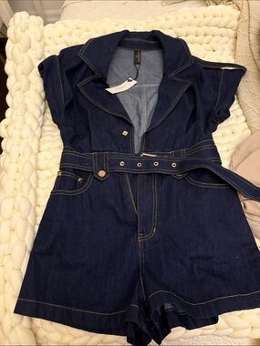Commense Dark Blue Denim Short Sleeve Jumpsuit Romper with Belt